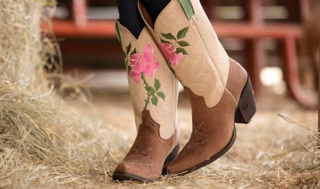 Boots - boots, brown, flower, pink, shoes, cowgirl, stuff, woman, rose