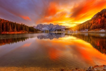 Amazing sunset sky - fall, beautiful, fiery, hills, serenity, amazing, lake, sky, reflection, island, sunset, mountain, tranquil, autumn, colorful