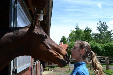 First Kiss . . - style, girls, western, kiss, women, ranch, outdoors, horses, brunettes, cowgirl, fun, female, barn