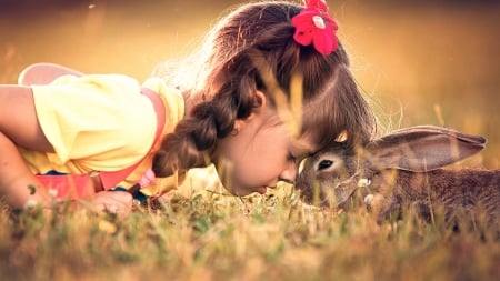 nose to nose - rabbit, animal, girl, grass, child