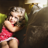 cat and girl in pillows