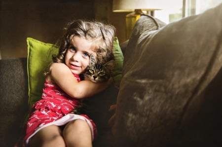 cat and girl in pillows - cat, girl, pillows, animal, smile, child