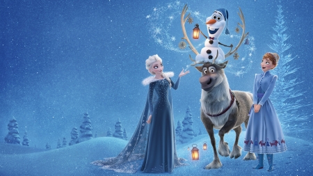 Olaf's Frozen Adventure (2017) - snowman, poster, blue, snow queen, fantasy, frozen, white, anna, movie, iarna, princess, olafs frozen adventure, reindeer, elsa, disney, luminos