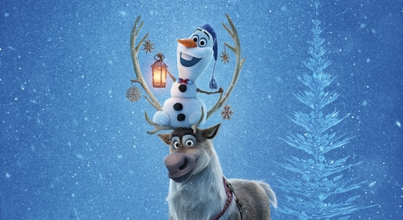 Olaf's Frozen Adventure (2017) - snowman, movie, iarna, olafs frozen adventure, winter, fantasy, horns, poster, reindeer, luminos, blue, disney, tree, frozen