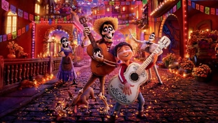 Coco (2017) - poster, orange, skull, boy, guitar, fantasy, instrument, coco, movie, skeleton, disney