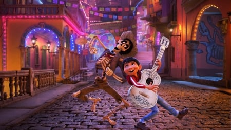 Coco (2017) - guitar, movie, instrument, poster, coco, boy, pink, disney, skeleton