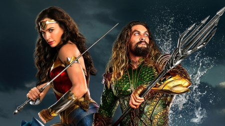 Justice League (2017) - wonder woman, actress, couple, movie, girl, poster, aquaman, man, comics, actor, gal gadot, jason momoa