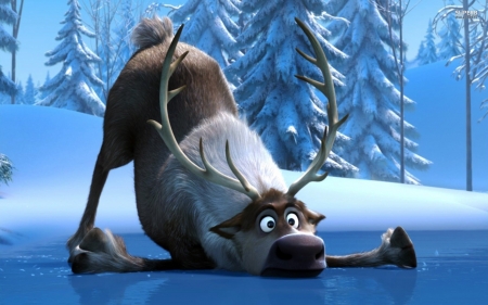 Frozen (2013) - ice, movie, iarna, winter, funny, fantasy, horns, poster, reindeer, luminos, blue, disney, animal, frozen