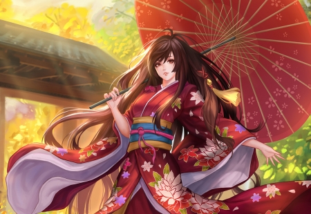 Girl - anime, yellow, girl, nguyen uy vu, kimono, manga, umbrella, autumn, red