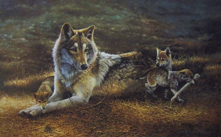 The bone - cub, wolf, lup, pictura, animal, painting, bone, cute, mother, art, luminos