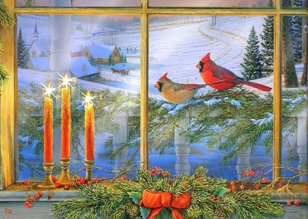 Holiday Friends - xmas and new year, candles, winter, cabins, christmas, nature, cardinals, holidays, love four seasons, winter holidays, snow, paintings