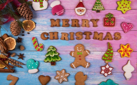 Merry Christmas! - gingerbread, blue, food, sweets, pink, christmas, craciun, cookies, dessert, card