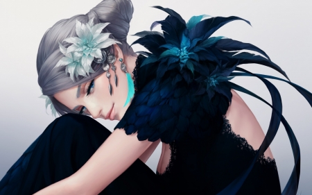 Beauty - feather, flower, black, suda ayaka, girl, frumusete, blue, fantasy, lady, luminos