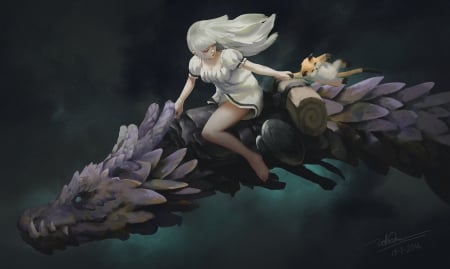 Dragon rider - rider, girl, dao le trong, black, fantasy, white, dragon, art, luminos