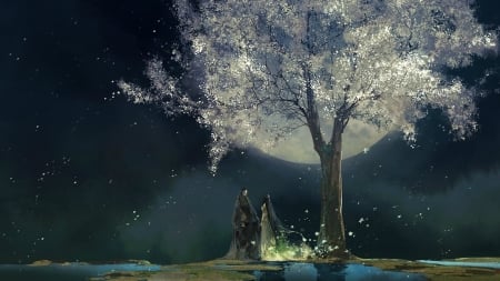 Moonlight - moon, fantasy, couple, art, asian, tree, luminos, luna