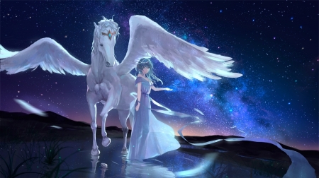 Pegasus and girl - chibi moon, anime, blue, girl, pegasus, manga, fantasy, white, wings, sombernight