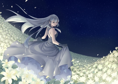 Girl - valley, girl, white, lily, tagme, blue, anime, manga, flower, dress