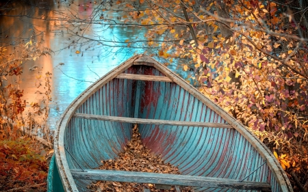 Autumn - autumn, blue, water, orange, leaf, toamna, barca, boat