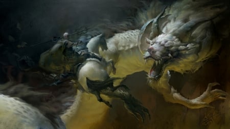 Attack - attack, yellow, horse, dark, black, battle, fantasy, dragon, fight, art, luminos