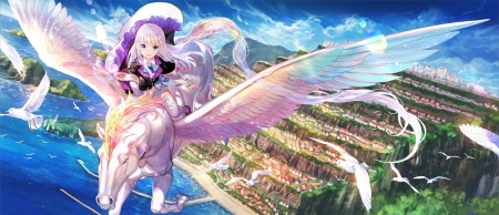 Pegasus rider - girl, wings, fantasy, fuji choko, pink, blue, anime, pegasus, rider, manga