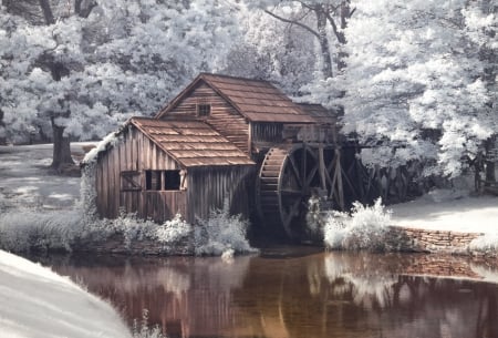 Infrared of Mabry Mill, Virginia - watermill, trees, reflection, river