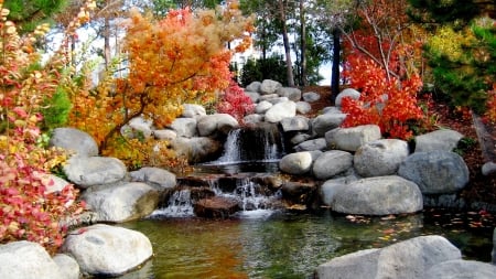 Fall in the park - pretty, cascades, beautiful, colors, stones, fall, waterfall, autumn, garden, park