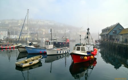 Boats - port, mist, boats, sea