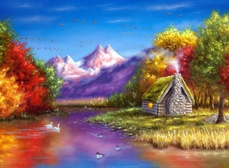 Autumn Reflection - attractions in dreams, rivers, paintings, colors, fall season, leaves, countryside, nature, autumn, cabins, mountains, love four seasons, rural