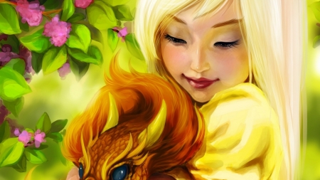 girl with dragon - dragon, girl, blonde, leaf, flower