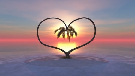 Sunset - beach, palm trees, heart, island, sunset