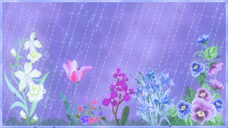 Early Morning Rain - tulip, iris, stitches, rain