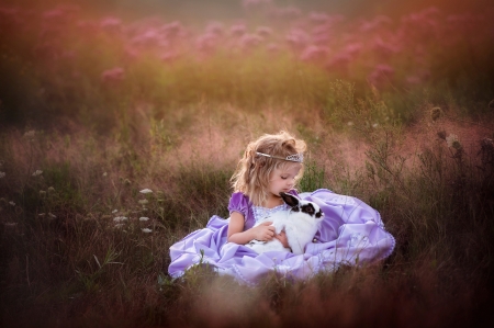 Little girl with bunny - child, purple, copil, animal, pink, rodent, girl, dress, rabbit, little, bunny