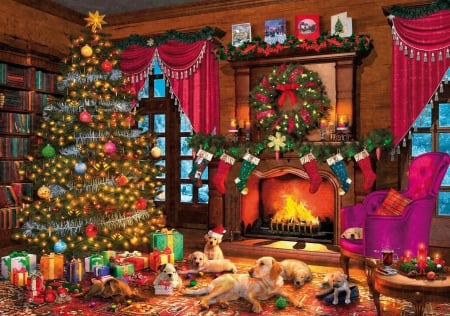 Christmas - craciun, dominic davison, room, christmas, painting, caine, art, pink, dog, animal, pictura, tree