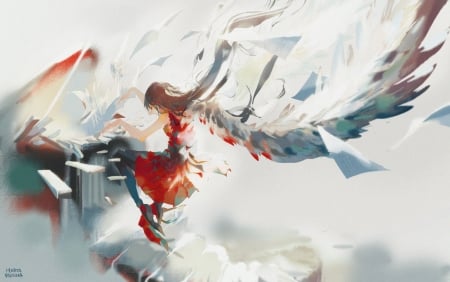 Angel - piano, anime, moryapanima, angel, manga, white, red, wings, art