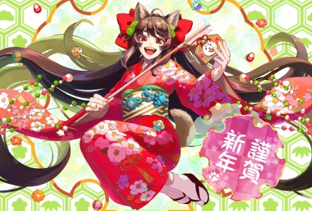 Chinese zodiac ~ Dog - anime, chinese zodiac, girl, dog, kimono, pink, tree, manga, red, caine, asian