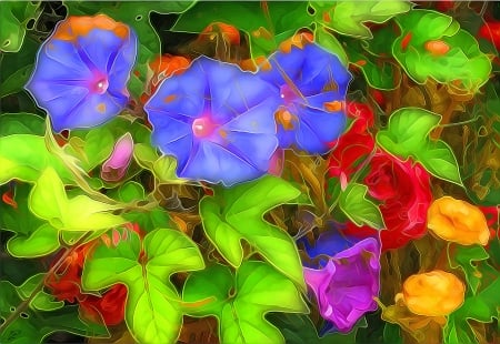 Morning glory - summer, blue, flower, pink, red, green, morning glory, art, luminos