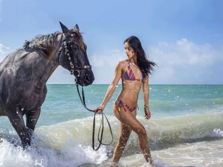 The Beach Life . . - women, fun, female, beach, models, brunettes, ocean, horse, sand, girls, cowgirl, style, outdoors, Carolyn Carter