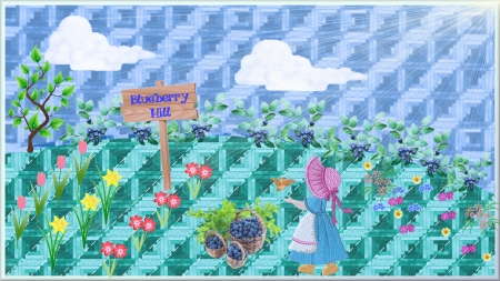 Blueberry HILL - hill, sign, clouds, sunbonnet sue, blueberries