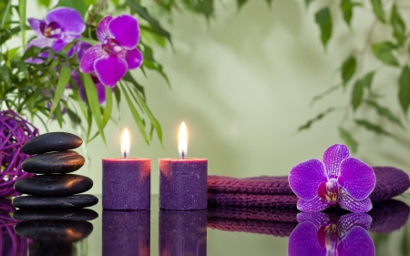 Orchid Reflection - orchids, flames, candles, orchid, zen stones, still life, purple, reflection, towel, stones, spa