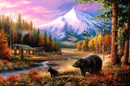 Visitors in Fall - attractions in dreams, autumn, streams, bears, animals, mountains, cabins, cottages, nature, love four seasons, leaves, paintings, colors, fall season