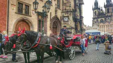 Horse Cab - taxi, horses, red, carriage, old town