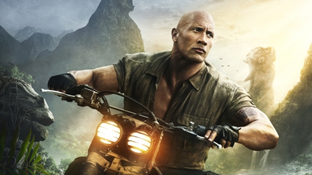 Jumanji: Welcome to the Jungle (2017) - welcome to the jungle, dwayne johnson, man, actor, motorcycle, jumanji