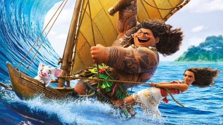 Moana (2016 film) - girl, movie, water, god, summer, sailing, fantasy, poster, maui, blue, disney, moana, sea, boat