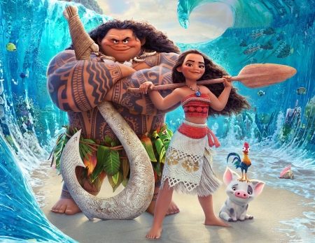 Moana (2016 film) - movie, girl, god, fantasy, poster, blue, maui, man, disney, moana, sea