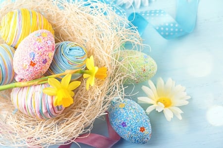 Happy Easter! - easter, card, flower, pink, egg, yellow, blue