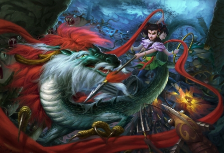 Dragon - red, fantasy, dragon, couple, asian, green