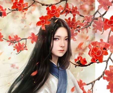 Beauty - frumusete, fantasy, red, girl, face, flower, asian, luminos