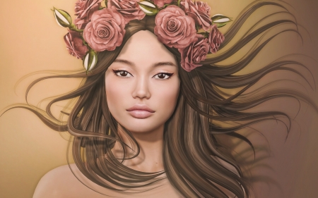 Beauty - face, rendering, girl, pink, wreath, fantasy, rose, flower