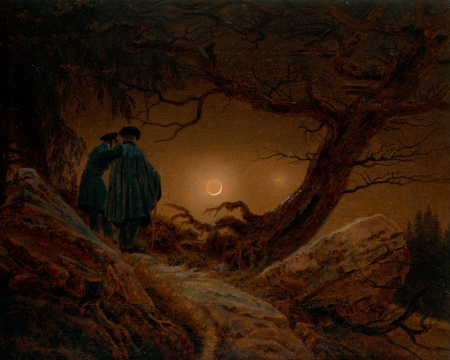 Two Men Contemplating the Moon - moon, night, man, caspar david friedrich, pictura, painting, couple, art, luminos, luna