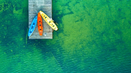 Kayaks - view from the top, water, kayak, summer, blue, orange, sea, texture, boat